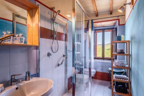 a bathroom with a sink and a shower and a toilet at Tenuta Bichi Borghesi in Monteriggioni