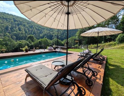 a group of chairs and an umbrella next to a pool at ACASĂ la Lisa in Lissa