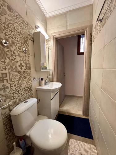 a bathroom with a white toilet and a sink at Diamanti Stone House in Lafiónas