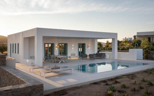 a villa with a swimming pool in front of a house at Alkinoe Villa Paros in Isterni