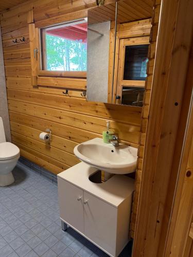 a bathroom with a sink and a toilet and a mirror at Villa Predium renovated cottage for four in Raseborg