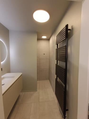 a bathroom with a white sink and a shower at Chez nous a Durbuy in Durbuy