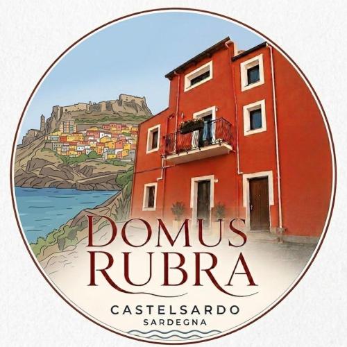 a sign for domus rubra with a red building at Domus Rubra in Castelsardo