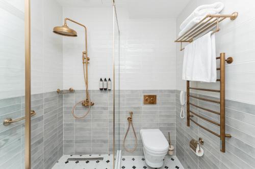 a bathroom with a shower and a toilet at Hayasa Hotel Old Yerevan in Yerevan