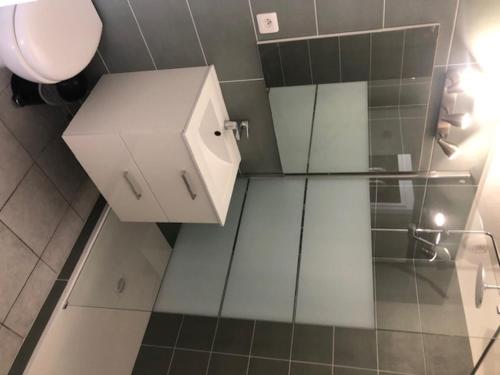a bathroom with a glass shower stall with a toilet at CORTADERIA B002 in Saint-Cyprien