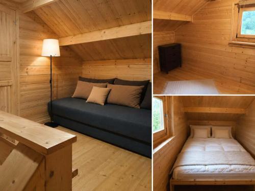 a small room with a bed in a wooden cabin at Domek z BALIA OGRODOWA in Dłużec