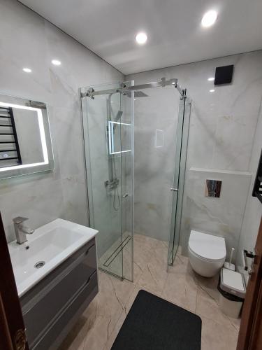 a bathroom with a shower and a toilet and a sink at Вершина Мрій in Slavske