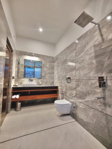 a bathroom with a toilet and a shower and a sink at Desert Oasis Camp And Resort in ladakh