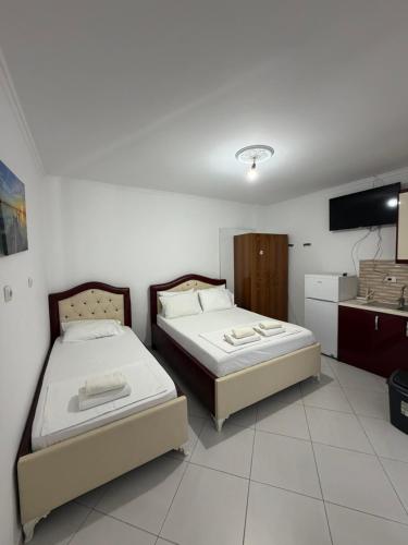 a bedroom with two beds and a television in it at Vila Ani in Ksamil