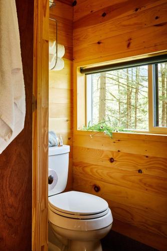 a bathroom with a toilet in a wooden cabin at Postcard Cabins Big Bear, Outdoor Collection by Marriott Bonvoy in Running Springs