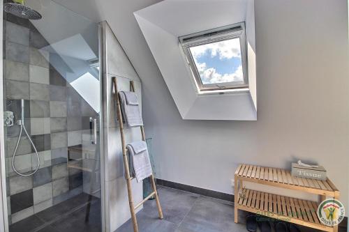 a bathroom with a shower and a window at La métairie in Plédèliac