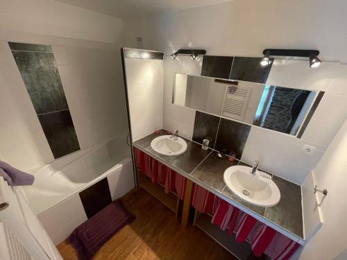 a bathroom with two sinks and a large mirror at Maison d'hôtes la Passemarié in Andouque