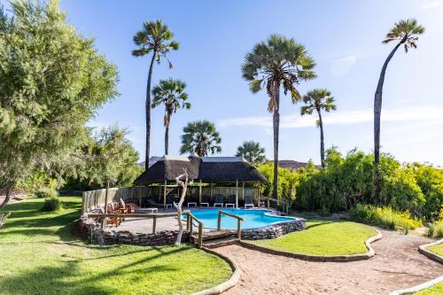 a villa with a swimming pool and palm trees at Palmwag Lodge in Palm