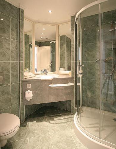 a bathroom with a toilet and a sink and a shower at Pension Schererhof in Pliening