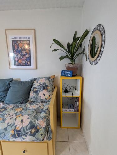 a bedroom with a bed and a mirror and a plant at Chez Marie et Hugo in Brest