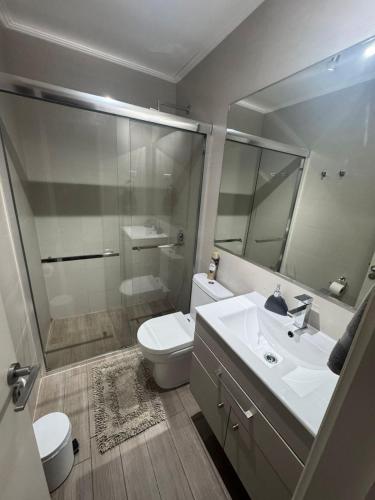 a bathroom with a sink and a toilet and a mirror at Bello departamento av del mar in Coquimbo