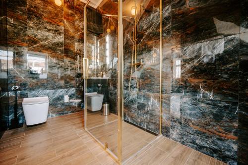 a bathroom with a walk in shower and a toilet at Diamond Boutique Hotel in Pruszcz Gdański