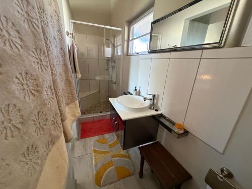 a bathroom with a sink and a mirror and a shower at Karibu Self-Catering Unit 1 in Omaruru