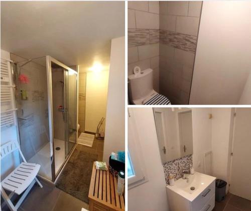 three pictures of a bathroom with a shower and a sink at Entre Terrasses et Restanque - Pierrevert in Pierrevert