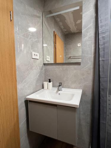 a bathroom with a white sink and a mirror at brown bear lodge in Žabljak