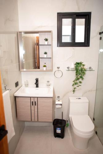 a bathroom with a sink and a toilet and a mirror at Luxurious Punta Cana House 3 Bedrooms, Shared Pool, BBQ in Punta Cana