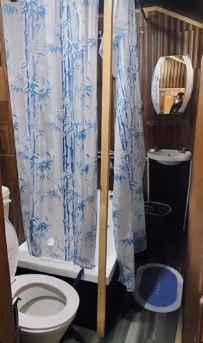 a bathroom with a toilet and a shower curtain at Blackpearl in Srinagar