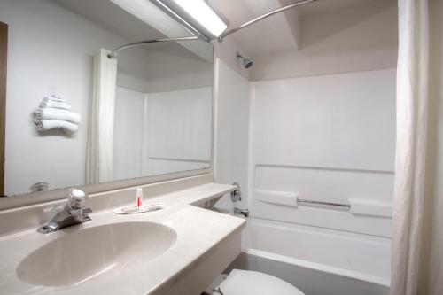a bathroom with a sink and a toilet and a mirror at Super-8-Gainesville-I-75-Hospital-University-Area in Gainesville