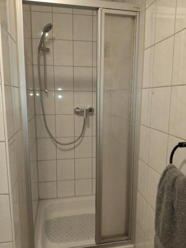 a shower with a glass door in a bathroom at Cosy Studio flat in the centre of Colditz in Colditz