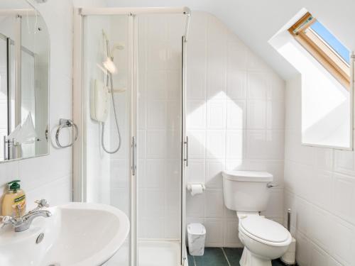 a bathroom with a shower and a toilet and a sink at Connemara Bay House in Moyard