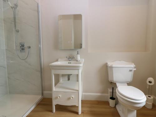 a bathroom with a toilet and a sink and a shower at Keepers Cottage in Haddington
