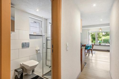 a bathroom with a toilet and a walk in shower at Jolie Appartement Bei Kassel in Eiterhagen