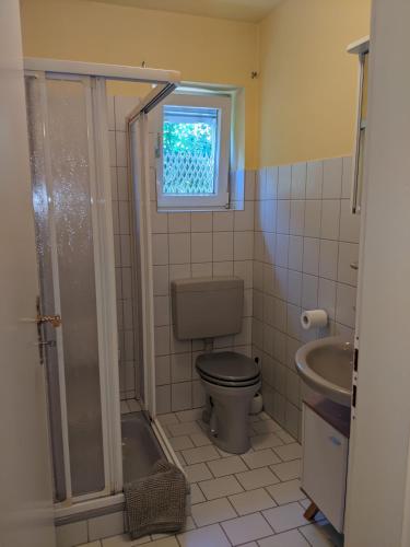 ein Badezimmer mit Toilette und Waschbecken in der Unterkunft Renova13 in Süderbrarup