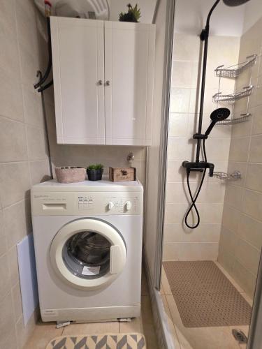 a washer and dryer in a small bathroom at Mylo Casa Karfas in Chios