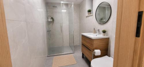 a bathroom with a shower and a toilet and a sink at Dominikówka in Dominikowo