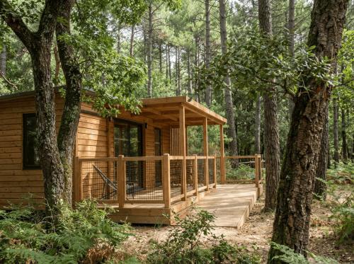 a cabin in the woods with a wooden porch at La forêt PALOMA, Ecolodge in Léon
