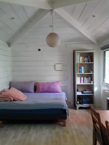 a bedroom with a bed and a book shelf at La Biro in Pornic