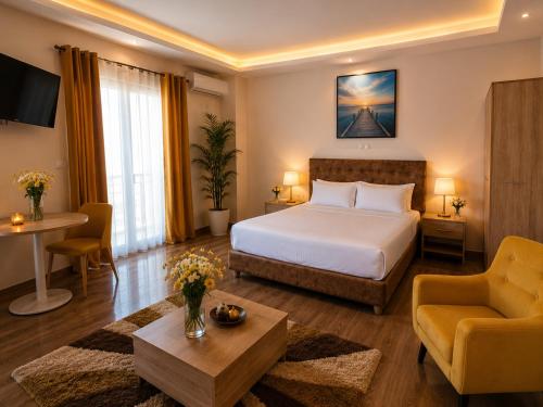 a hotel room with a bed and a table at appartement golf in Bamako