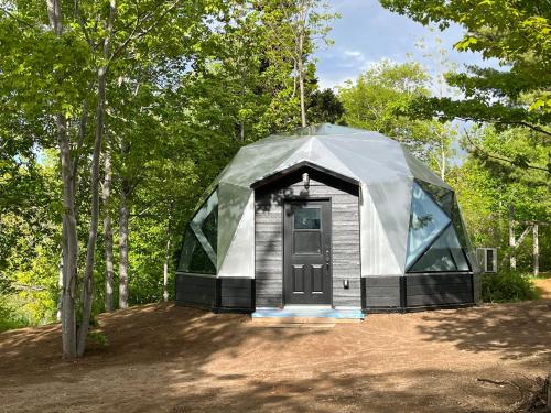 a dome tent in the middle of a forest at Blue Bayou Dome Village in Dingwall