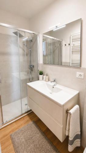 a white bathroom with a sink and a shower at Blu Betulle, Free Park and Ski room in Camporosso in Valcanale
