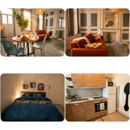 three pictures of a kitchen and a living room at Beau 2 pièces climatisé, beaux volumes et lumineux - toutes commodités - Lille Gares direct en 30 minutes in Tourcoing