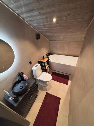 a bathroom with a tub and a toilet and a sink at Nisserstrand Hytte mit WLAN und Sauna direkt am See in Treungen