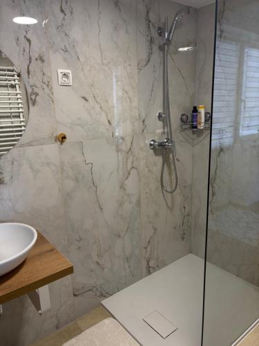 a bathroom with a glass shower with a sink at Apartma Lavanda in Zavrč