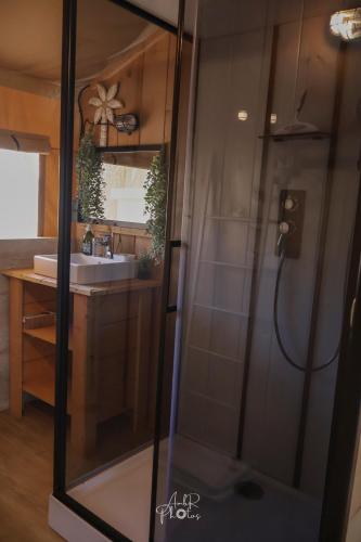 a bathroom with a shower and a sink at Tente chauffée avec piscine lagon in Vallon-Pont-dʼArc