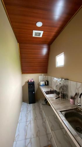 a kitchen with a sink and a wooden ceiling at villa cabin vianda in Kejajar