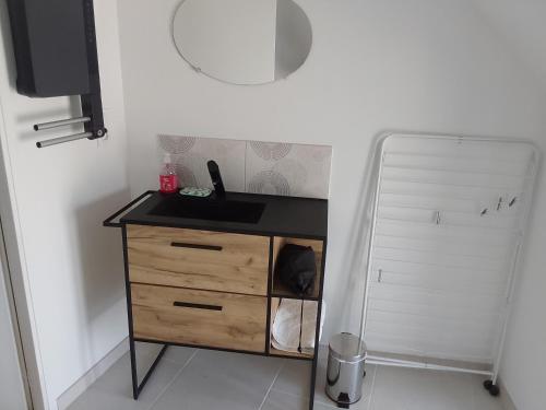 a bathroom with a sink and a cabinet with a mirror at Aux Cormulets in La Baconnière