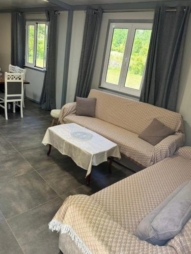 a living room with two beds and a table at David's House in Ndërlysaj
