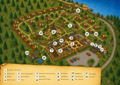 a map of a resort with buildings and roads at Natura Ferienpark - Bungalows am Grimnitzsee Schorfheide in Althüttendorf