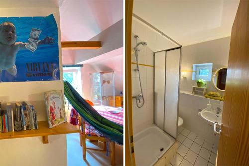 a bathroom with a hammock and a bathroom with a shower at Kulturgutleben in Möllenbeck