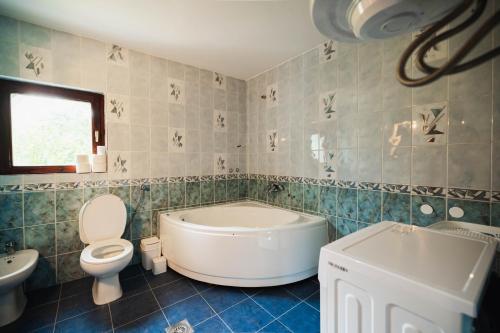 a bathroom with a tub and a toilet and a sink at Dea Apartments - Peja in Peje