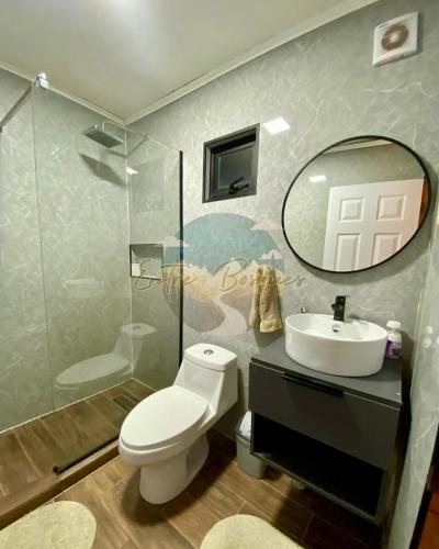 a bathroom with a toilet and a sink and a mirror at Cabaña entre Bosques in Concepción